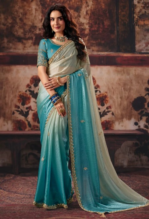 Blue & Beige Designer Style Festive Wear Saree